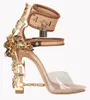 2021 غريبة الكعب مصمم كريستال أحذية المرأة PVC High Heel Sandals 2021 القفل في الكاحل صندل Rhinestone Sandals