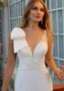 Elegant Satin Mermaid Wedding Dresses Bridal Gowns Luxury Beads 2021 Deep V-neck Bow Robe De Mariée Court Train Custom Made White Ivory Bride Dress