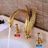 Luxury Soild Brass Gold Faucet Bathroom Golden Swan Faucets Double Crystal Handle Three Hole Wash Basin Tap Mixer ELF1513G1