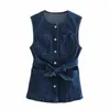 Za Denim Gilet Manteau Femmes Printemps Automne Sans manches O Cou Slim Veste d'extérieur avec ceinture XITIMEAO 210602