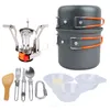 Camping Köksartiklar Set Portable Vandring Picnic Köksartiklar Mini Gas Spis Ställer Camping Porslin Pott Pan 1-2Persons Outdoor Travel Supplies BT1119