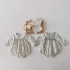 Korean Baby Girls Smocked Clothes Infant Floral Romper Sister Matching Twin Outfits born Vintage Smocking Bodysuit 210615