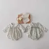 Coreano Meninas Meninas Smocked Roupas Infantil Floral Romper Irmã Correspondente Twin Outfits Nascido Vintage Smocking Bodysuit 210615