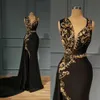 Seksi Siyah Mermaid Abiye ile Narin Altın Çiçek Boncuk Sheer Boyun Ön Bölünmüş Uzun Kadınlar Resmi Balo Elbise Robe