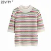 Zevity Women Stand Collar Rainbow Paski Casual Jacquard Knitting sweter Kobiet Chic Krótki Rękaw Swetry Hollow Topy SW804 210805