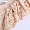 Zevity Donna Dolce Patchwork Hollow Crochet Maglione lavorato a maglia corto Donna Ruffles Senza maniche Gilet sottile Crop Pullover Top SW835 210603