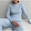 Conjuntos de calças femininas de duas peças Pijamas de malha canelada para uso doméstico, blusas com capuz soltas e largas e roupas esportivas
