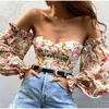 Women's T-Shirt Women Off Shoulder Corset Bustiers Tops Sexy Frill Long Lantern Sleeve Floral T-Shirts Chic Summer Autumn Low Cut Strapless