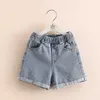 Summer Casual 2 3 4 5 6 7 8 9 10 11 12 Years Simple All Match Elastic Solid Color Denim Shorts For Kids Baby Girls 210701