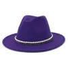 Sombreros de ala ancha 2021 Lana Jazz Fedora Casual Hombres Mujeres Cuero Perla Cinta Fieltro Sombrero Blanco Rosa Amarillo Panamá Trilby Fiesta formal C271E