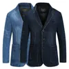 Brand Denim Jacket Men Autumn Blazer Jacket Slim Fit Military Jacket Single Breasted Turn-down Collar Jeans Coat Plus Size XXXXL 210923