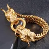 Länk, Kedja Gotisk Dubbel Dragon Head Men Armband Masculine Golden 12mm Franco Link Curb Mäns Armband med presentpåse