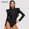 Colrovie Black Button Front Fishnet Mesh Trim Ruffle Bodysuit Women Solid Bodysuit Fall Sexig Stand Collar Skaky Bodysuits 201007