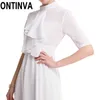 Elegante abito lungo in chiffon bianco Vita sottile Colletto alla coreana Mezza manica Big Swing Omighty Party Streetwear Vestidos De Fiesta 210527