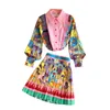 春のファッションの気質エキゾチックなプリントラペルパフスリーブシャツ女性ハイウエストスリムスカートスーツC597 211101