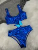 Novo conjunto de biquíni de couro feminino, roupa de banho com almofada de hardware, preto, azul, trajes de banho rápidos, almofada sexy, tags240a