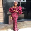 Afrikanska pusstorlek kvällsklänningar v nacke Ruffles Långärmade Lace Appliques Mermaid Prom Dress Aso Ebi Vestidos defiesta