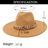 9.5 cm grote rand vrouwen mannen effen kleur perzik hart top faux wol vilt jazz fedora hoeden met ketting Panama partij bruiloft formele hoed