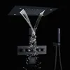 Matte Black Waterfall Thermostatic LED Rain Shower System 14 X 20 Inch Rectangle Luxury Ceil Mounted Head Bathroom Mixer Faucet Set