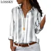 Kobiety bluzki eleganckie w paski nadruk biurowe panie Prace zwykłe koszulę z długim rękawem przycisk swobodny bluzka plus bluzka klapa bluzka Blusa 210308