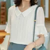 Mulheres Primavera Estilo De Verão Peter Pan Collar Blusas Tops Lady Casual Curto Flare Manga Listrada Blusas Azul Branco DF2688 210609