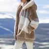 Mulheres jaqueta quente pelúcia casual solto casaco com capuz misturado cor retalhos de inverno outwear Faux Fur Zipper Ladies Parka 210805