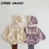 Wiosna Baby Girl Bodysuit Koronki Soundor Długie Rękawy Kombinezon z czapką Urodzony Cute Style Kids Clothes E2117 210610