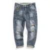 Mäns Jeans Riped Men Harem Byxor Beskurna Byxor Blå Sträckt Förstörda Hip Hop Capri-Byxor Distressed Kläder 2022 Sommar