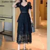 Negro elegante vestido mulher verão v-pescoço alta cintura maxi vestido roupas vintage manga curta vestidos feminino 210603
