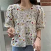 Coreano cotone floreale manica a sbuffo femme chic stampa a vita alta allentato confortevole estate dolce pullover camicie 210525