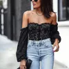Sexy Lace Off Shoulder Lantern Sleeve Tops Blouses Casual Floral Slim Loose Vintage Ladies Shirts White/Black Party Clubwear 210514