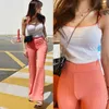 Été coréen femmes Sexy streetwear 2 pièces ensemble Spaghetti sangle Crop hauts taille haute longue Flare pantalon femmes vêtements 210529