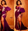 2021 Plus Taille Arabe Aso Ebi Violet Sirène Sexy Robes De Bal En Dentelle Haute Split Sheer Cou Soirée Formelle Deuxième Réception Go338I