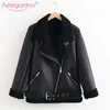 Aelegantmis Moto Biker Style Women's Loose Faux Leather Jacket Patchwork Lamb Warm Thick Coat FemaleTurn-down Collar with Belt 210607