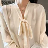 Chiffon Kvinnors Blus Elegant Spring Button Shirts Sommar Bowtie Långärmad Solid Kvinna Kontor Lady Toppar 210601
