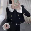Giacche da donna Piccola giacca nera 2021 autunno pizzo bianco colletto doppio petto ritagliato tweed per le donne cappotto di lana corto