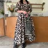 Korejpaa femmes robe été coréen Chic Vintage imprimé léopard une ligne col hors épaule plissé manches bouffantes Vestidos 210526