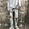 High Street Fashion Blue Color Slim Fit Förstörda Ripped Men Broken Pants Retro Designer Hip Hop Jeans