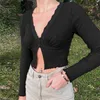 Sweet Deep V-Neck Lace Trim Crop Tops Fashion Slit Hem Långärmad Brun T-shirts Vintage 90s Estetik Topp 210518