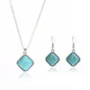 FYJS – ensemble de bijoux en forme de losange plaqué argent, collier et boucles d'oreilles uniques, pendentif en pierre turquoise verte, chaîne à maillons