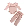 Baby Girl Clothes Set Pasgeboren Zuigeling Frill Solid Romper Bodysuit Bow Pant Outfits Zuigeling Nieuw Born Outfits Kinderkleding 2582 Q2