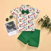 여름 어린이 패션 짧은 소매 인쇄 공룡 활 T 셔츠 녹색 솔리드 반바지 캐주얼 2pcs 소녀 의류 1-7t 210629