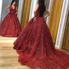 Bedövning V Neck Vin Röd Boll Gown Prom Klänningar 2021 Sequined Sparkle Bling Ärmlös Court Train Afton Gowns Kvinnor Elegant