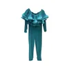 Bleu Patchwork Ruffle Jumpsuit Pour Femmes Slash Neck Manches Longues Taille Haute Combinaisons Droites Femme Printemps Mode 210521