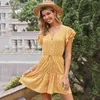 Rüschenärmel Gelb Strampler Overalls für Frauen Casual Strand Boho Sommer Playsuits Strampler Kurzer Overall Ropa De Mujer 210427