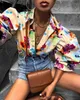 Frauen Bluse Gedruckt Hemden Laterne Hülse Vintage V-ausschnitt Damen Tops Mode Kurze Sexy Hemd 210524