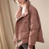 Winter Women Fashion Chic Red Plaid Down Jacket Female Stand Collar Zipper Pockets Coat Ladies Outerwear 210521