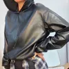 Kostenlose reine Farbe PU-Leder mit Kapuze Pullover Frauen Mode Langarm All-Match lose Top Damen Kleidung 210524