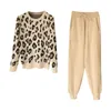 Nomikuma Stickad 2 stycke Set Kvinnor Långärmad O-Neck Leopard Pullover Tröja + Lace Up Waist Harem Byxor Outfits 6c116 210427