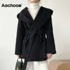 Aachoae Women Solid Color Wool Coats With Belt Long Sleeve Hoodie Pockets Coats Female Chic Elegant Outerwear 211019